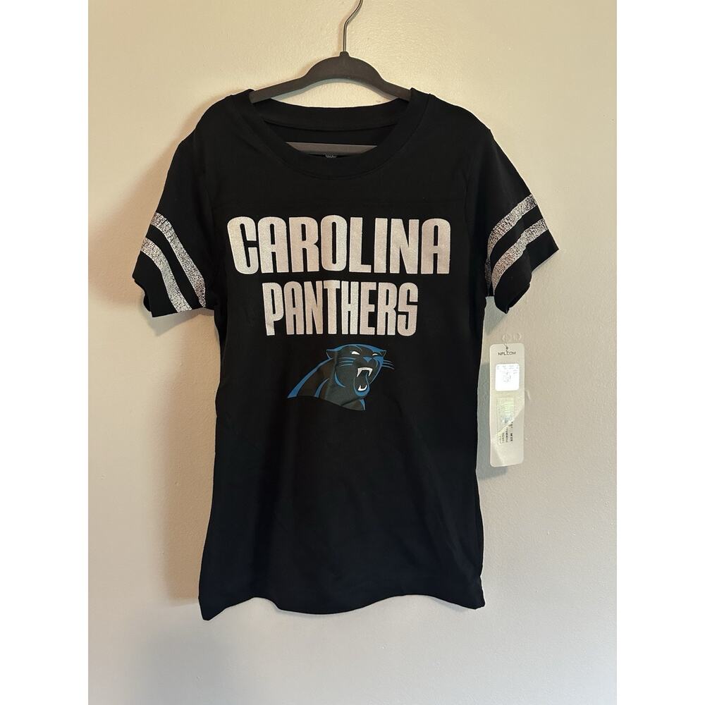 NFL Carolina Panthers Girls Black Short Sleeve T Shirt - Sparkle Size M 7/8 NEW